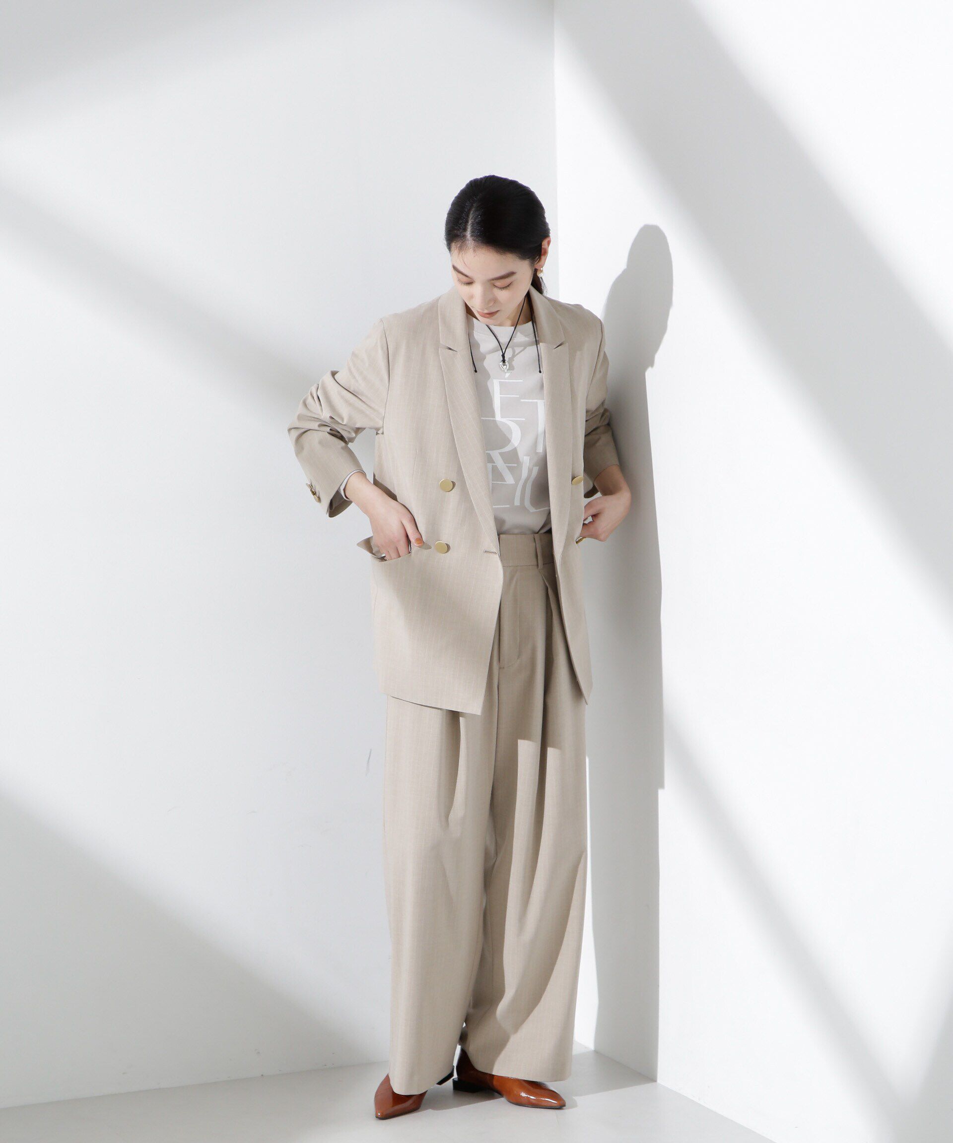 nano･universe「トロストレッチレイヤードタックワイドパンツ（セットアップ可）」|チノ|