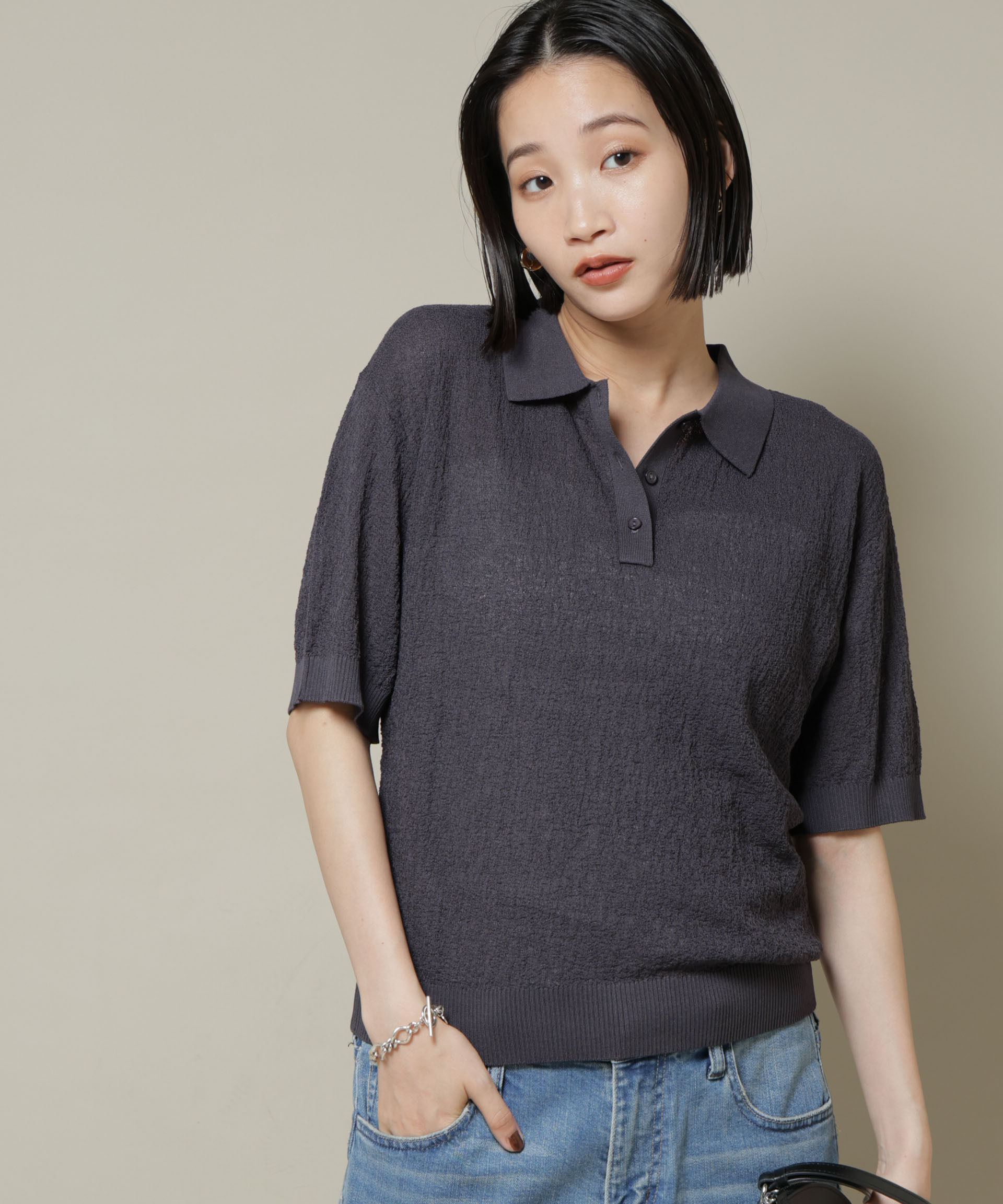 nano･universe「梨地半袖ポロニット」|ニット・セーター|