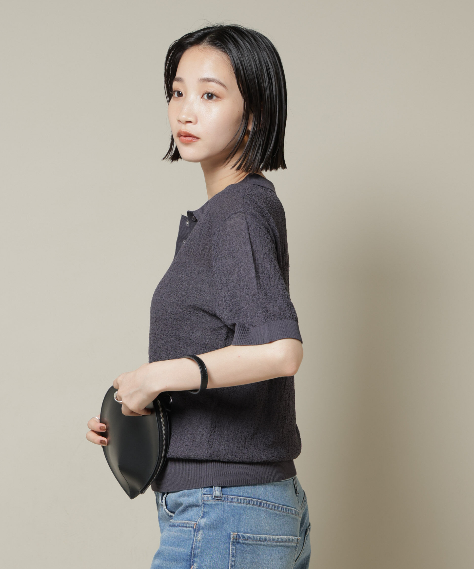 nano･universe「梨地半袖ポロニット」|ニット・セーター|