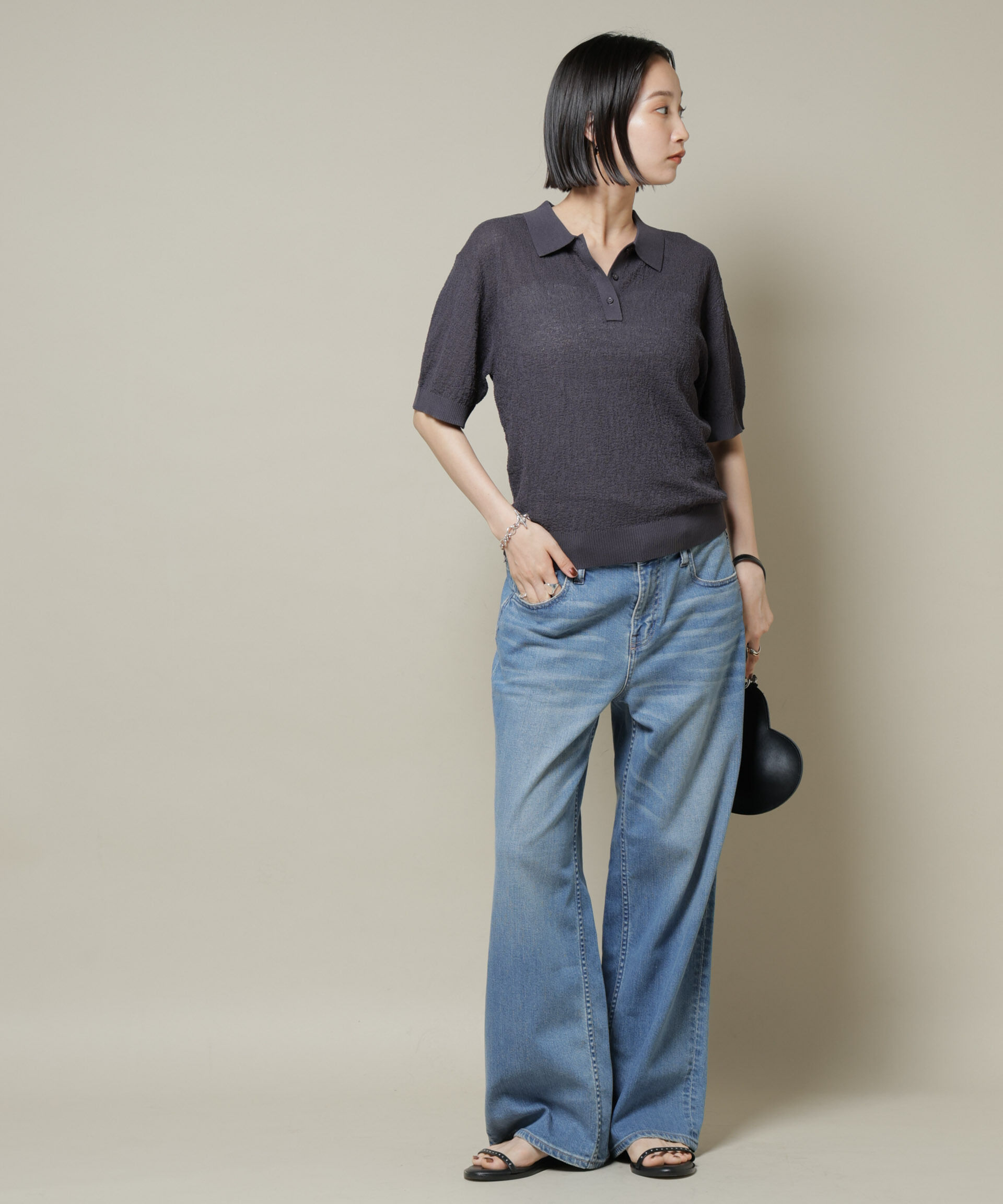 nano･universe「梨地半袖ポロニット」|ニット・セーター|