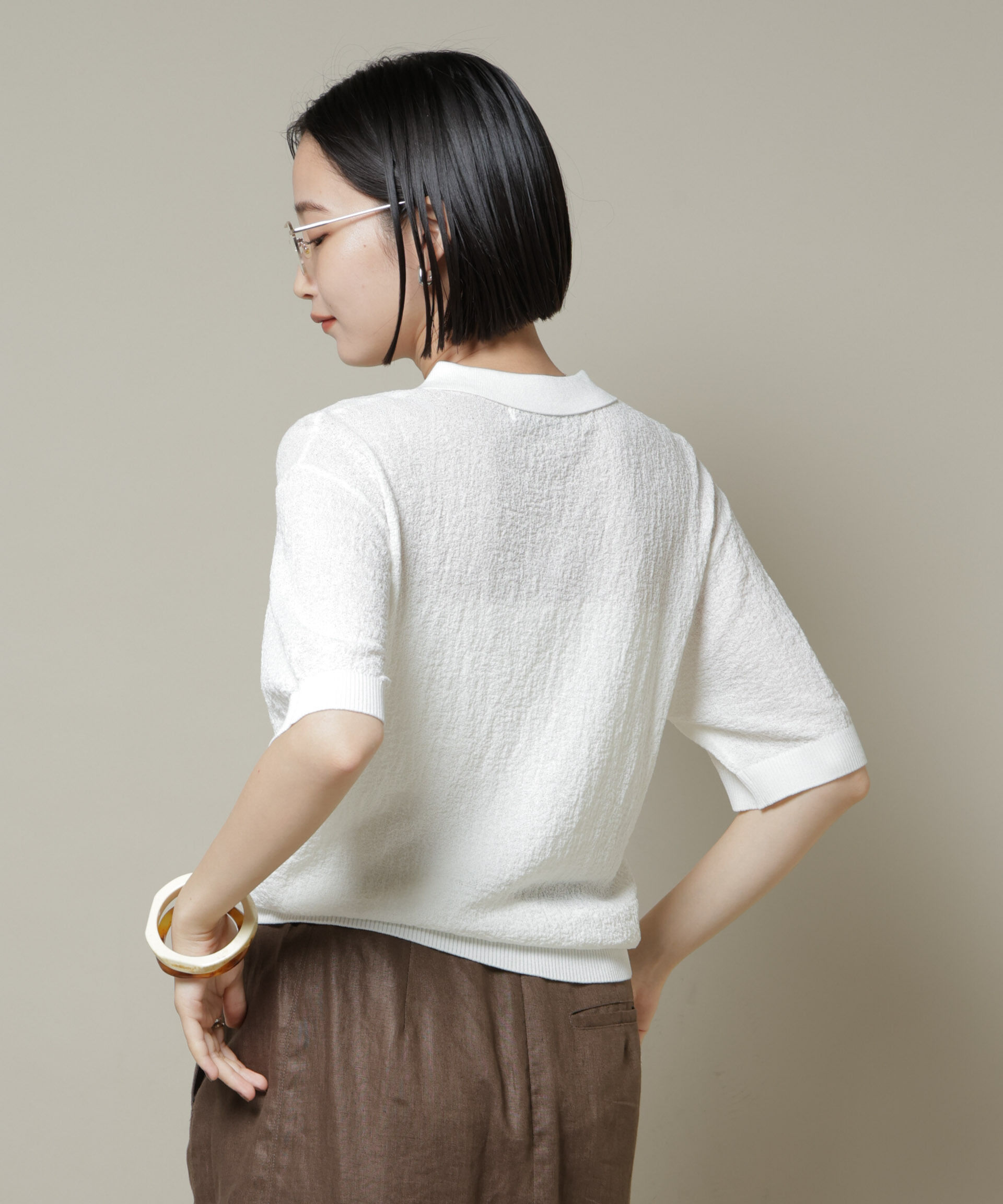 nano･universe「梨地半袖ポロニット」|ニット・セーター|