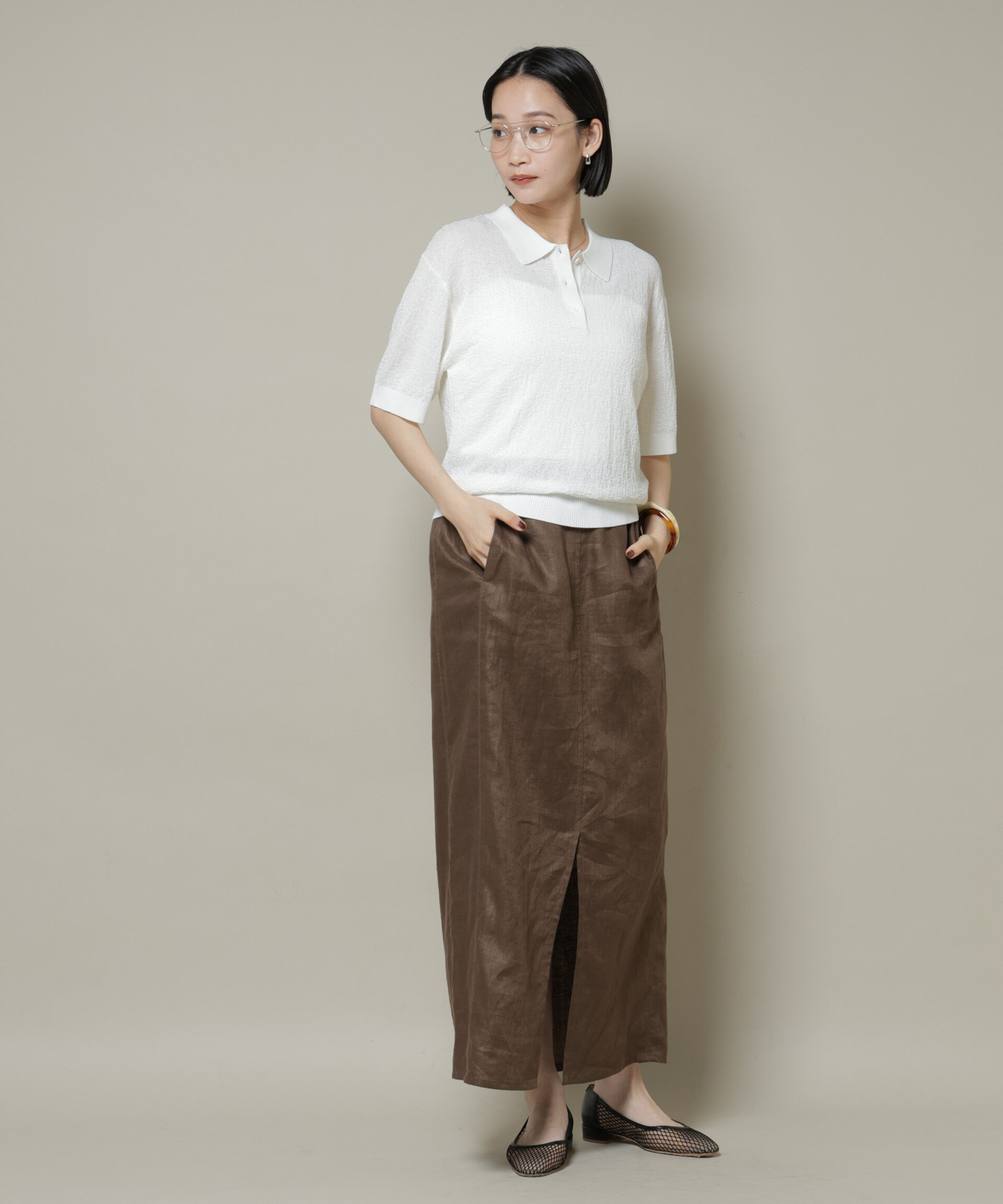 nano･universe「梨地半袖ポロニット」|ニット・セーター|