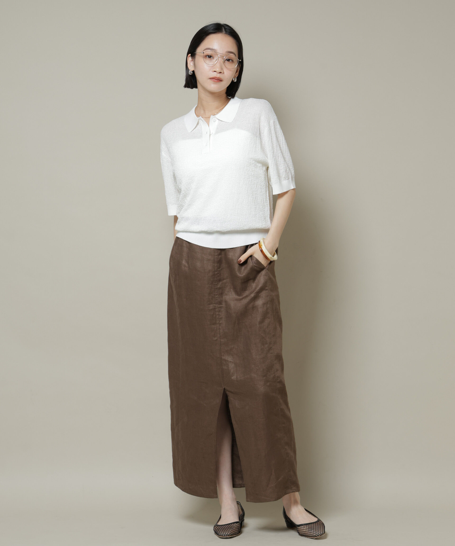 nano･universe「梨地半袖ポロニット」|ニット・セーター|