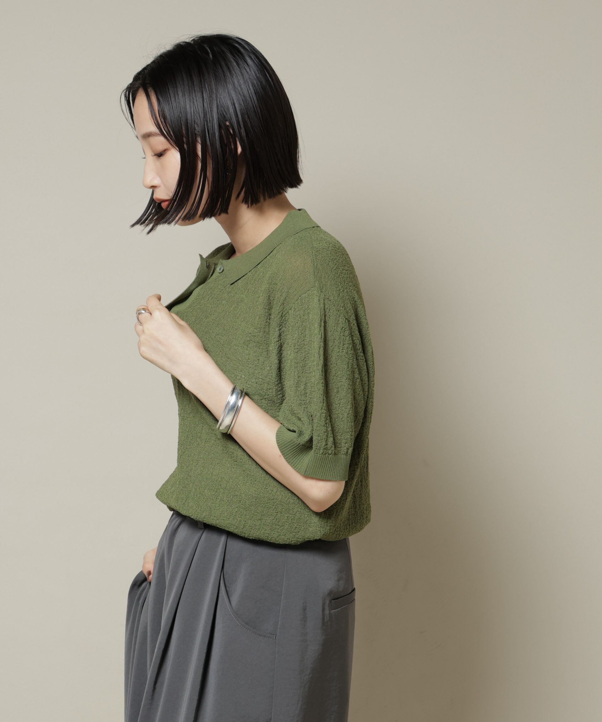 nano･universe「梨地半袖ポロニット」|ニット・セーター|