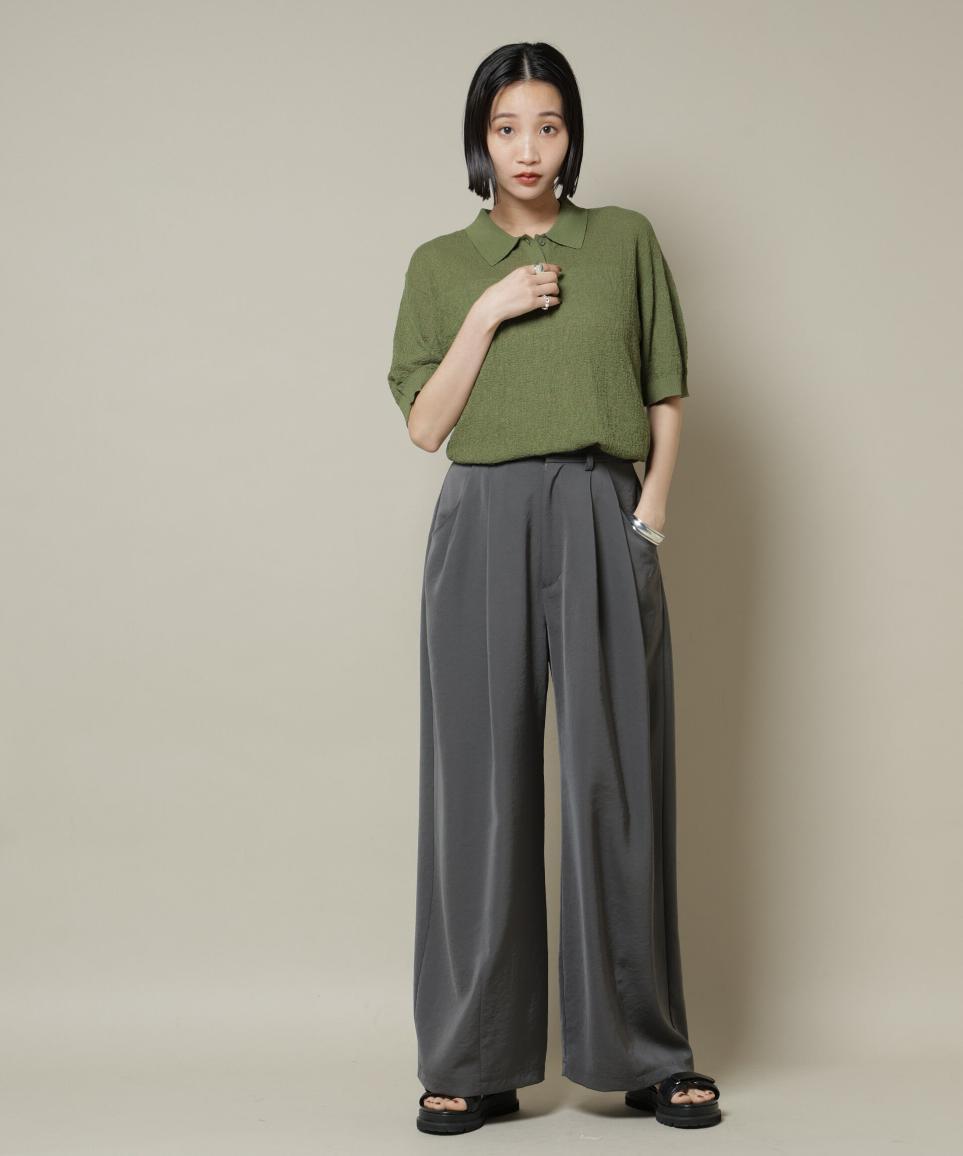 nano･universe「梨地半袖ポロニット」|ニット・セーター|