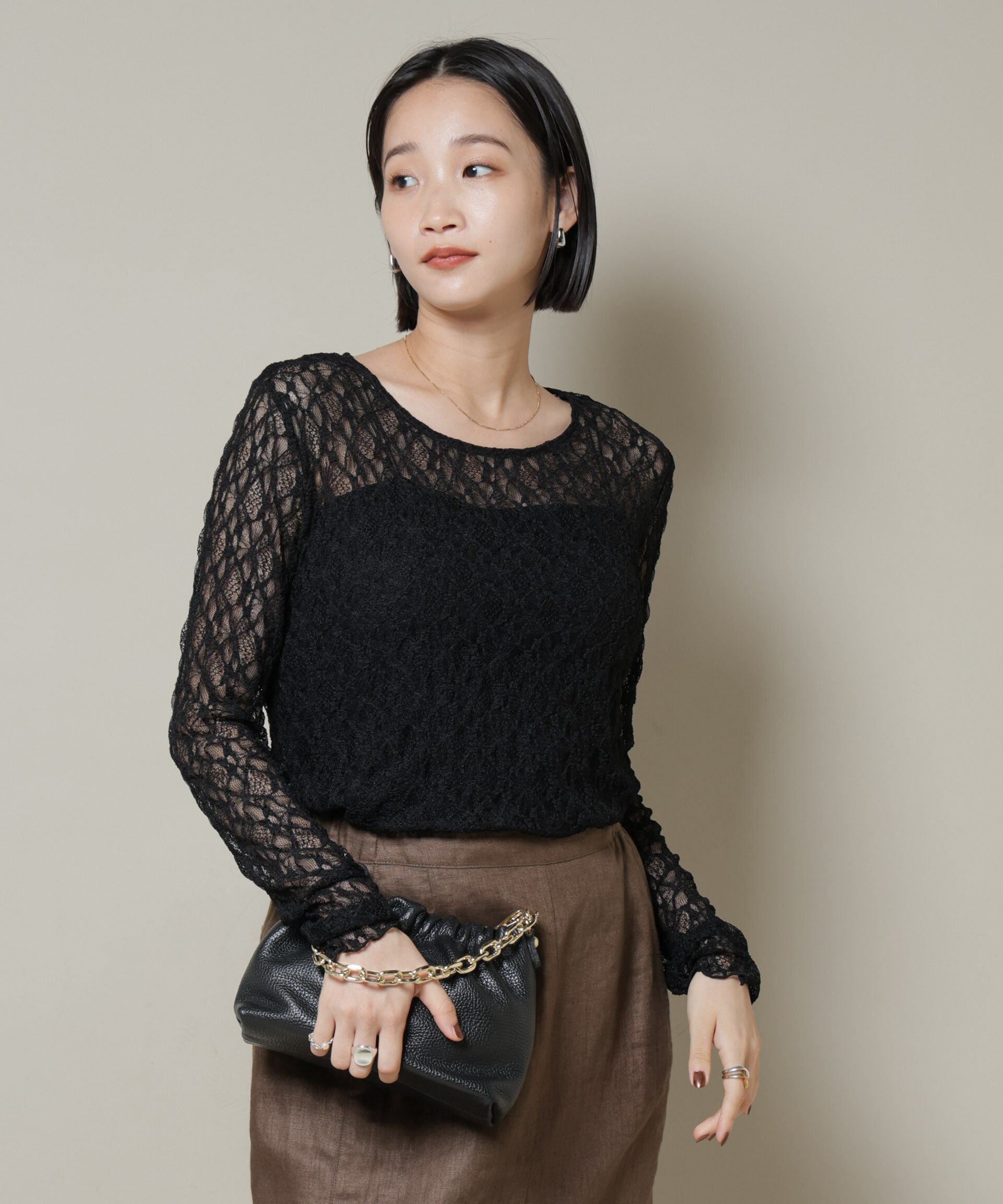nano･universe「シアーレースロングスリーブトップス(セットアップ可)」|Tシャツ・カットソー|ブラック