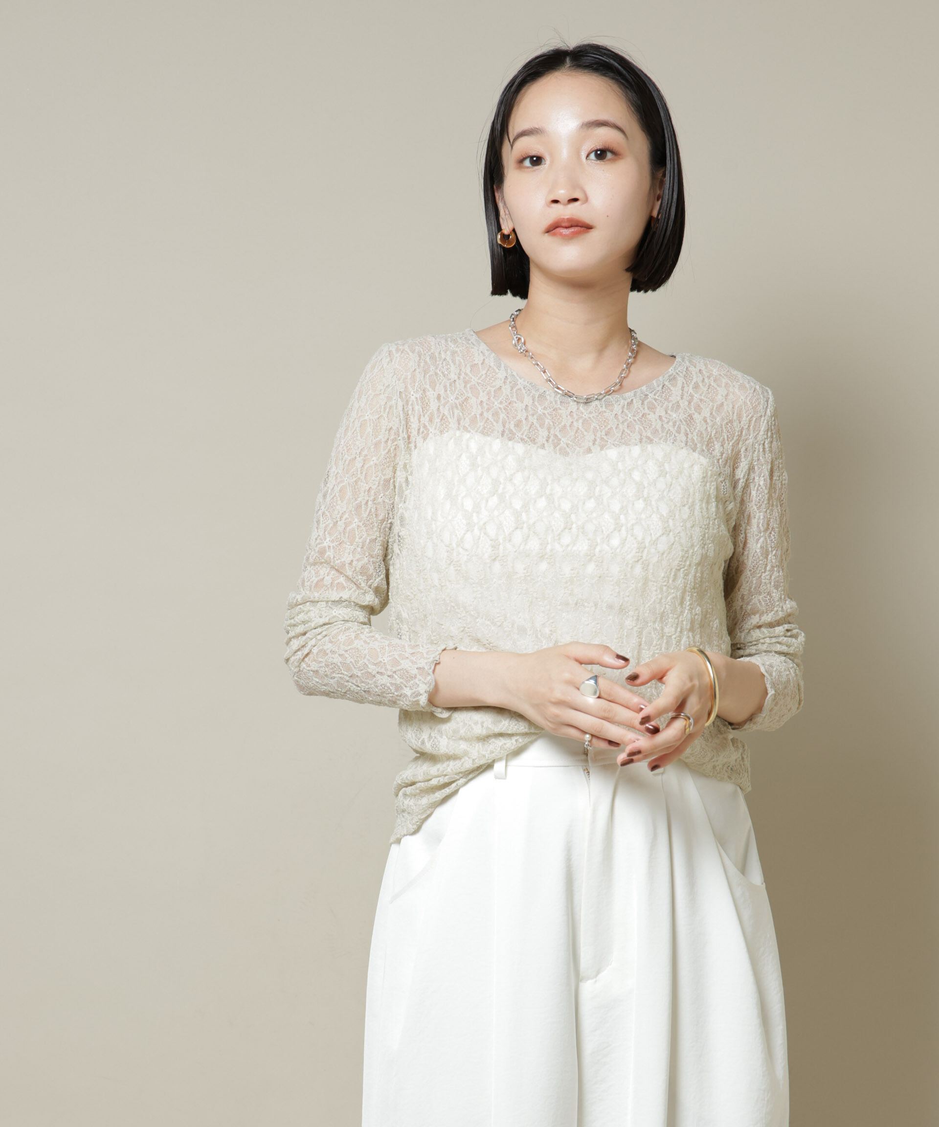 nano･universe「シアーレースロングスリーブトップス(セットアップ可)」|Tシャツ・カットソー|ベージュ