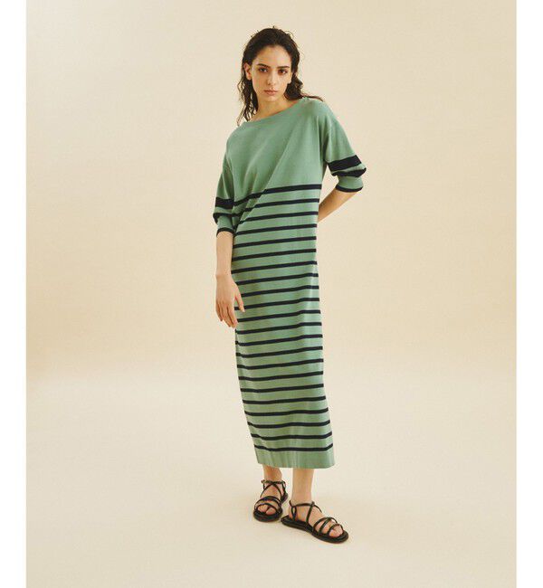  「ボーダーニットロングワンピース」|ワンピース|カーキ