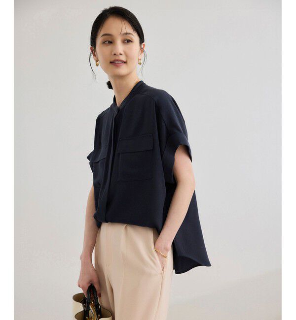 ROPE「【洗える・カセット服】バックサテンフラップブラウス/お仕事・通勤・セットアップ対応【ドラマ着用】」|シャツ・ブラウス|ネイビー(40)