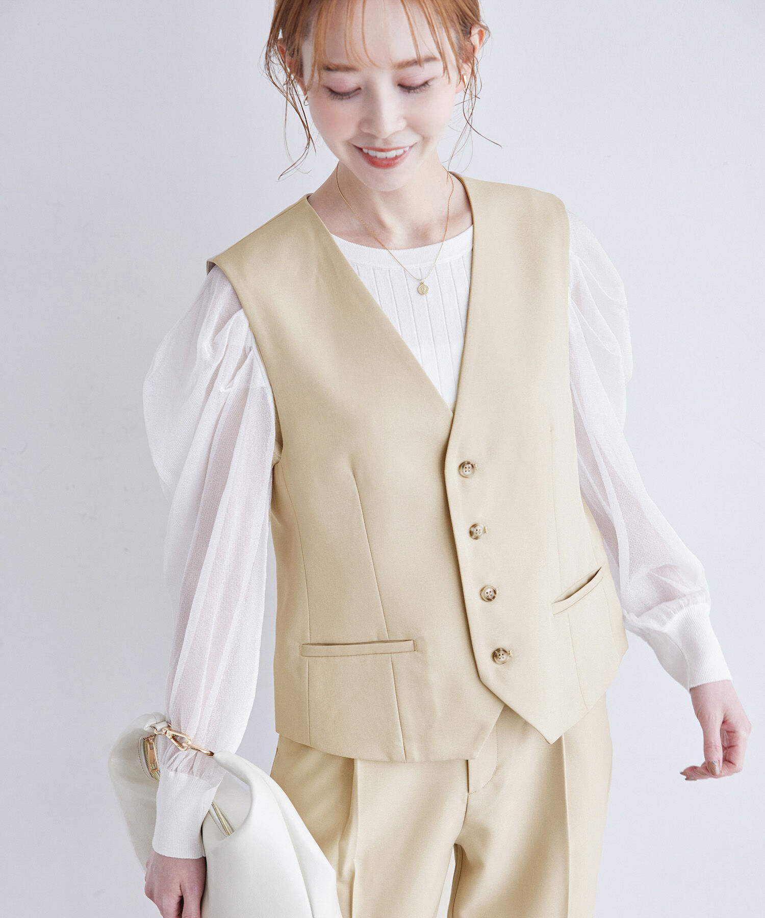 Rope&rsquo;Picnic「ブライトシリーズ/ノーカラーベスト/セットアップ対応」|ベスト・ジレ|ベージュ(27)