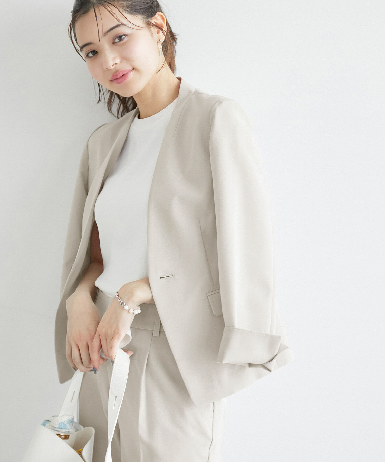 Rope&rsquo;Picnic「リネンライクノーラペルジャケット/セットアップ対応・UVケア」|ノーカラージャケット|