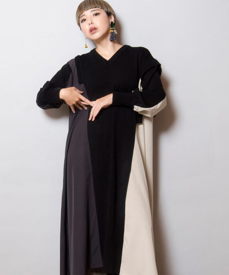  「切替ニットワンピース」|ワンピース|BLACK