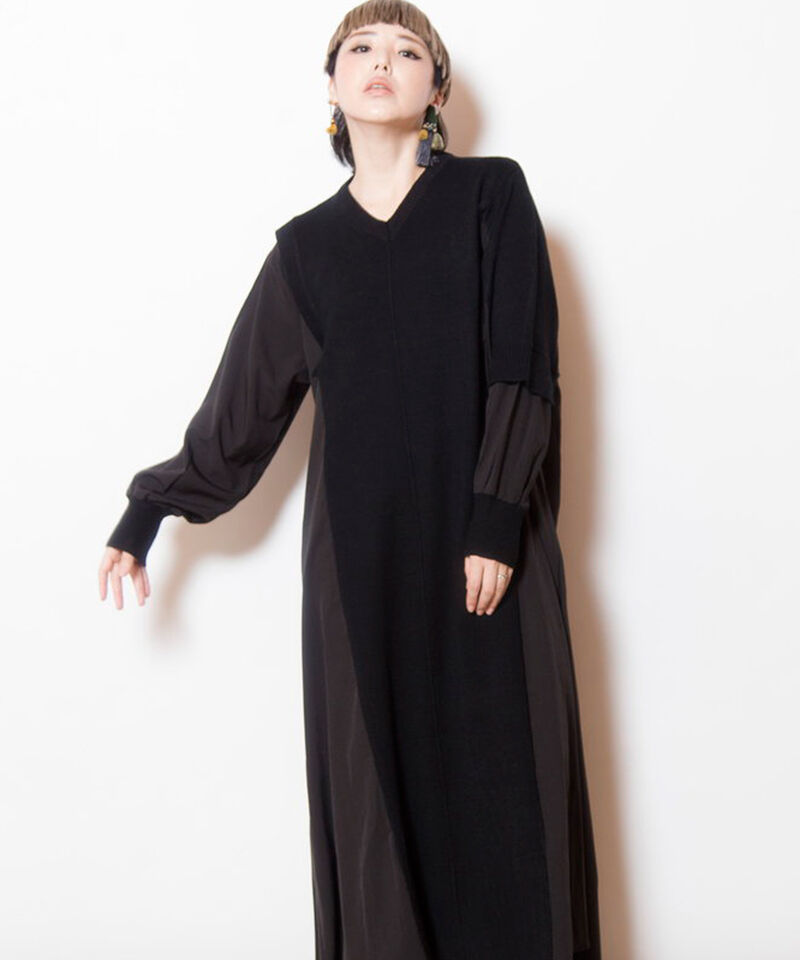  「切替配色ニットワンピース」|ワンピース|BLACK