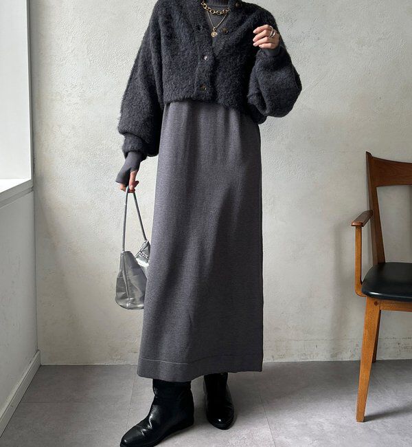  「【WEB限定】ニットカーデ＋ニットワンピースセット」|ワンピース|チャコールグレー