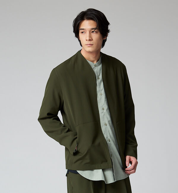 ABAHOUSE「【セットアップ対応】ストレッチ ノーカラー Vネック オーバーサイズ シャツジャ」|シャツ・ブラウス|ダークグリーン