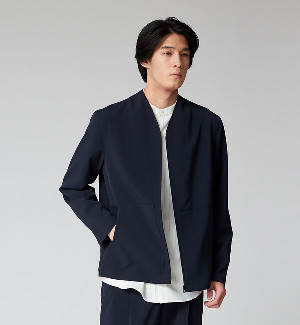 ABAHOUSE「【セットアップ対応】ストレッチ ノーカラー Vネック オーバーサイズ シャツジャ」|シャツ・ブラウス|ネイビー