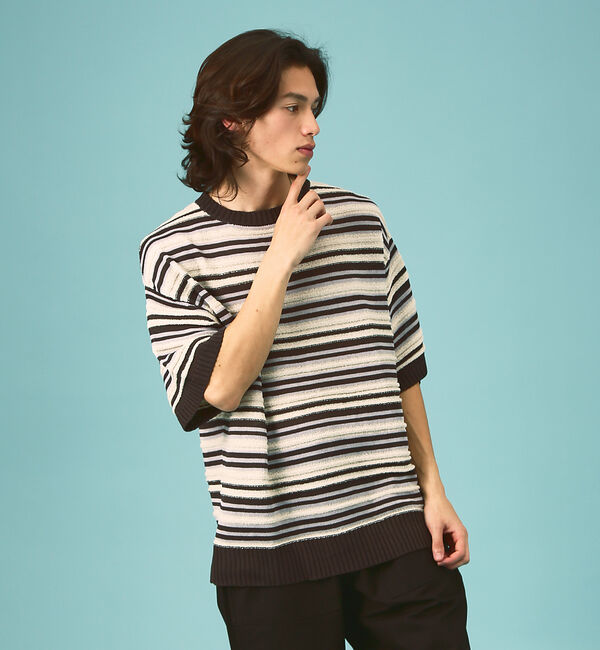 ABAHOUSE「【WEB限定】ランダムボーダーサマーニット/ユニセックス」|ニット・セーター|ブラック