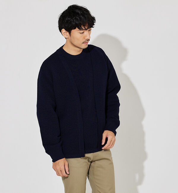 ABAHOUSE「【ウォッシャブル】リップルボーダー ボタンレス ニット カーディガン」|カーディガン|ネイビー