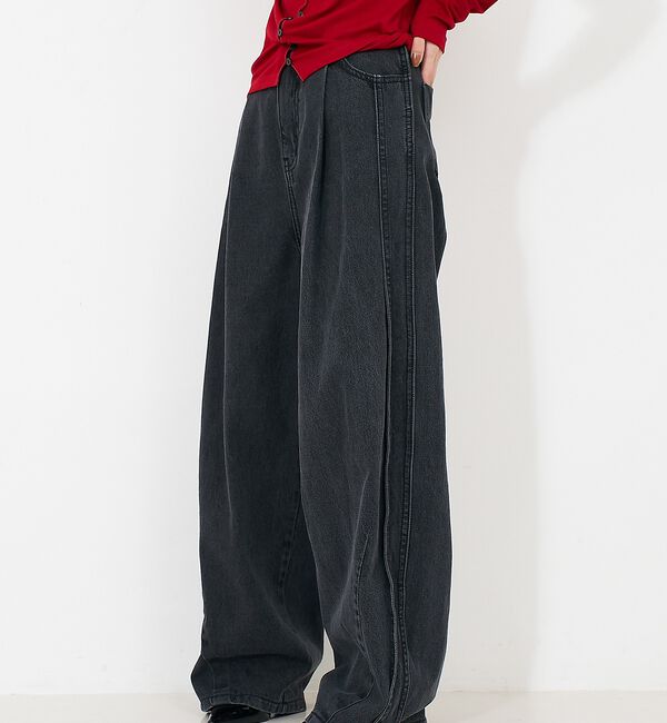 NOMINE「サイドライン タック ワイド ハイウエスト デニムパンツ【予約】」|デニム|