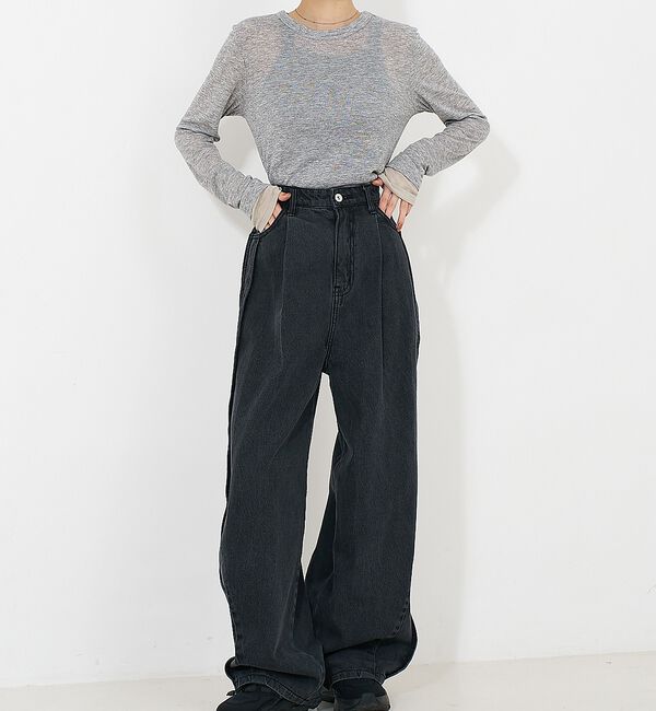 NOMINE「サイドライン タック ワイド ハイウエスト デニムパンツ【予約】」|デニム|