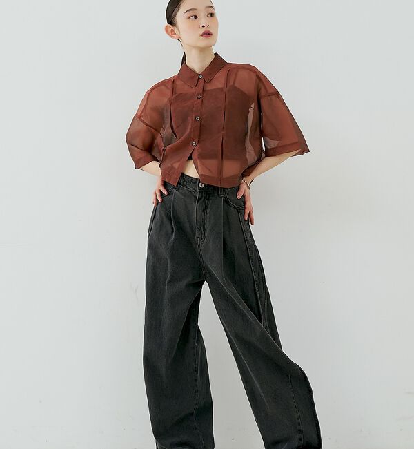 NOMINE「サイドライン タック ワイド ハイウエスト デニムパンツ【予約】」|デニム|