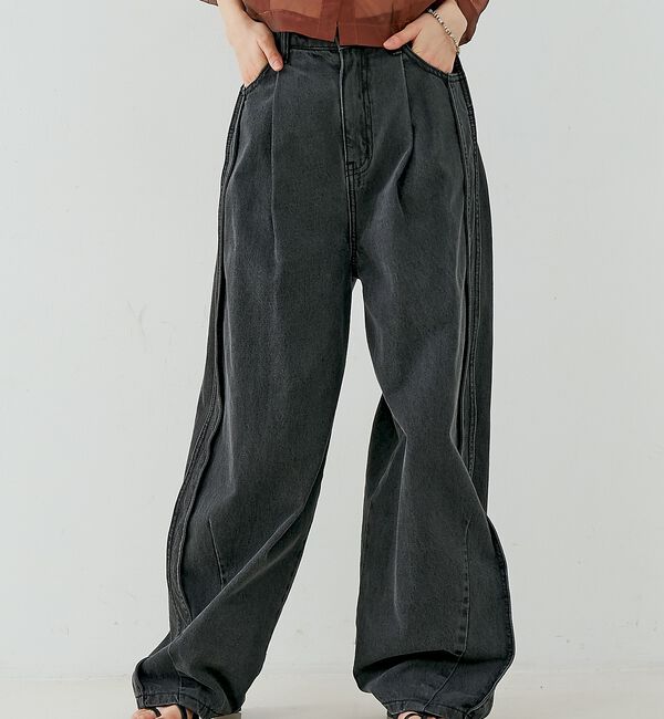 NOMINE「サイドライン タック ワイド ハイウエスト デニムパンツ【予約】」|デニム|