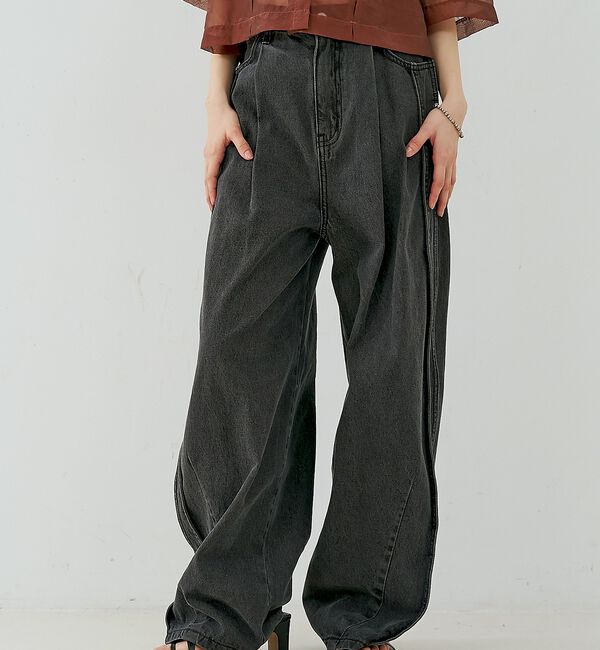 NOMINE「サイドライン タック ワイド ハイウエスト デニムパンツ【予約】」|デニム|
