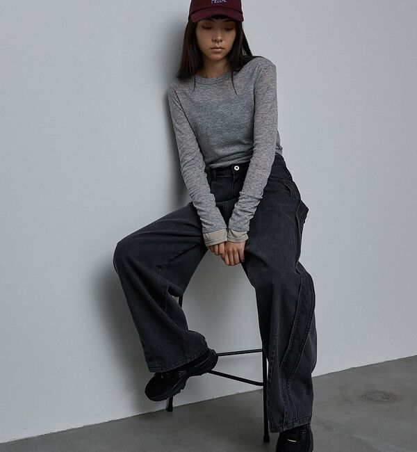 NOMINE「サイドライン タック ワイド ハイウエスト デニムパンツ【予約】」|デニム|