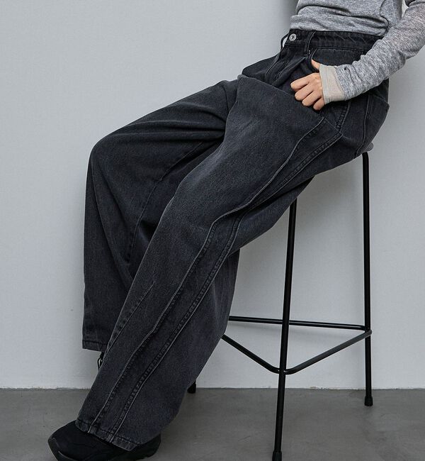 NOMINE「サイドライン タック ワイド ハイウエスト デニムパンツ【予約】」|デニム|