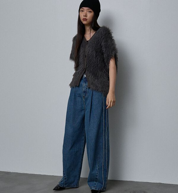 NOMINE「サイドライン タック ワイド ハイウエスト デニムパンツ【予約】」|デニム|