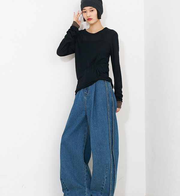 NOMINE「サイドライン タック ワイド ハイウエスト デニムパンツ【予約】」|デニム|