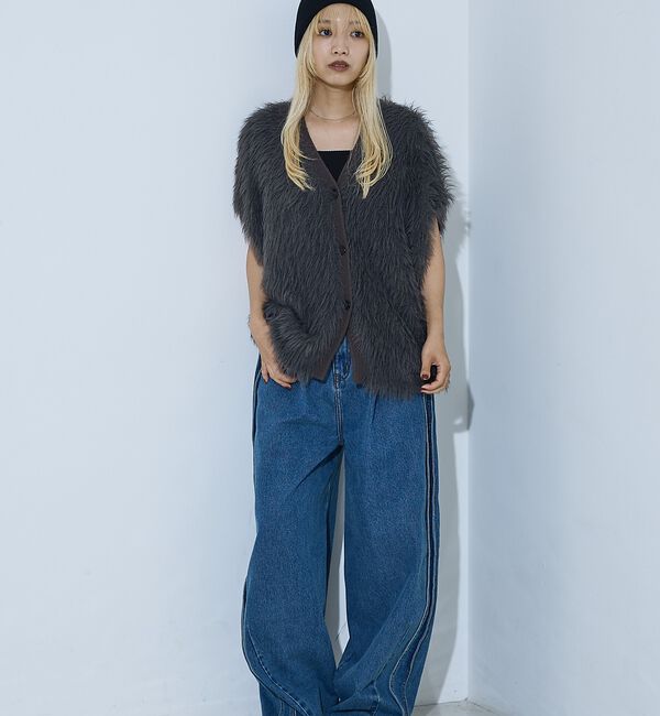 NOMINE「サイドライン タック ワイド ハイウエスト デニムパンツ【予約】」|デニム|