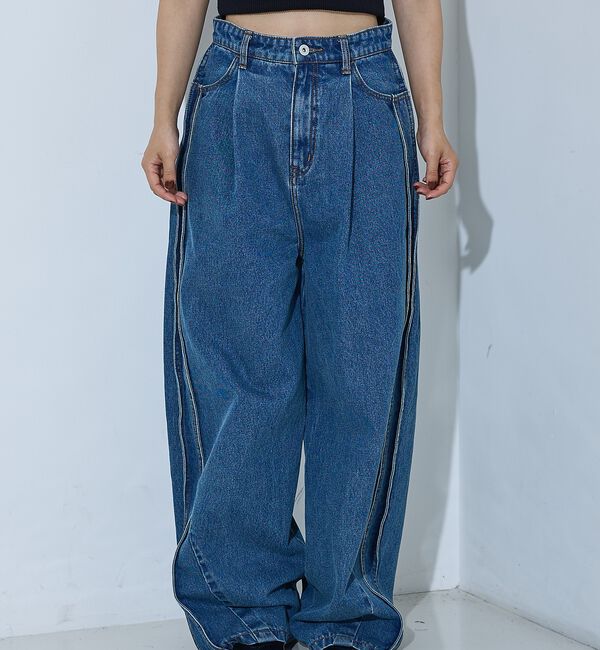 NOMINE「サイドライン タック ワイド ハイウエスト デニムパンツ【予約】」|デニム|