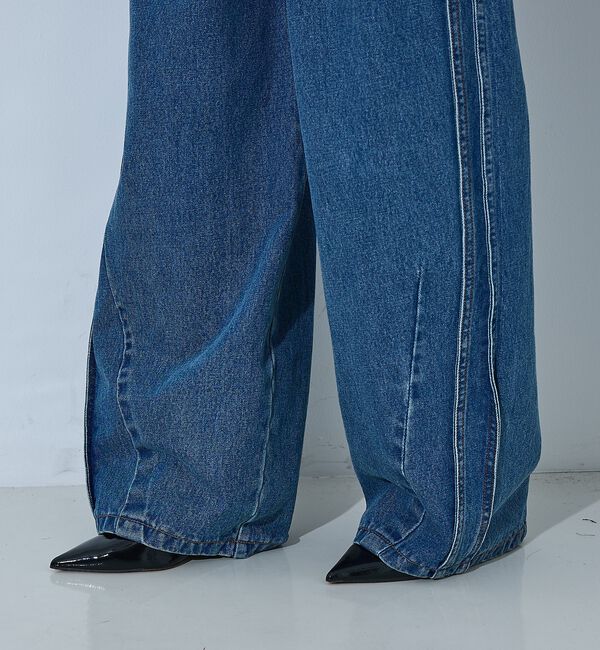 NOMINE「サイドライン タック ワイド ハイウエスト デニムパンツ【予約】」|デニム|