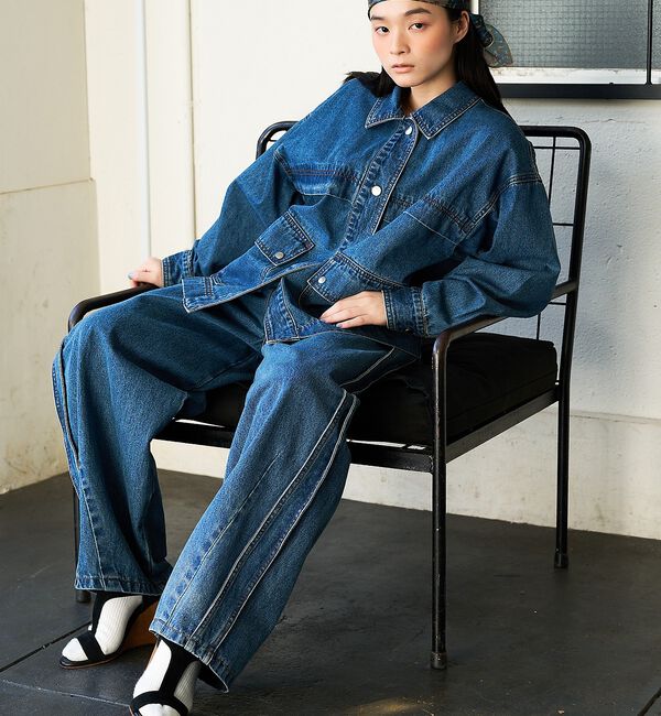 NOMINE「サイドライン タック ワイド ハイウエスト デニムパンツ【予約】」|デニム|