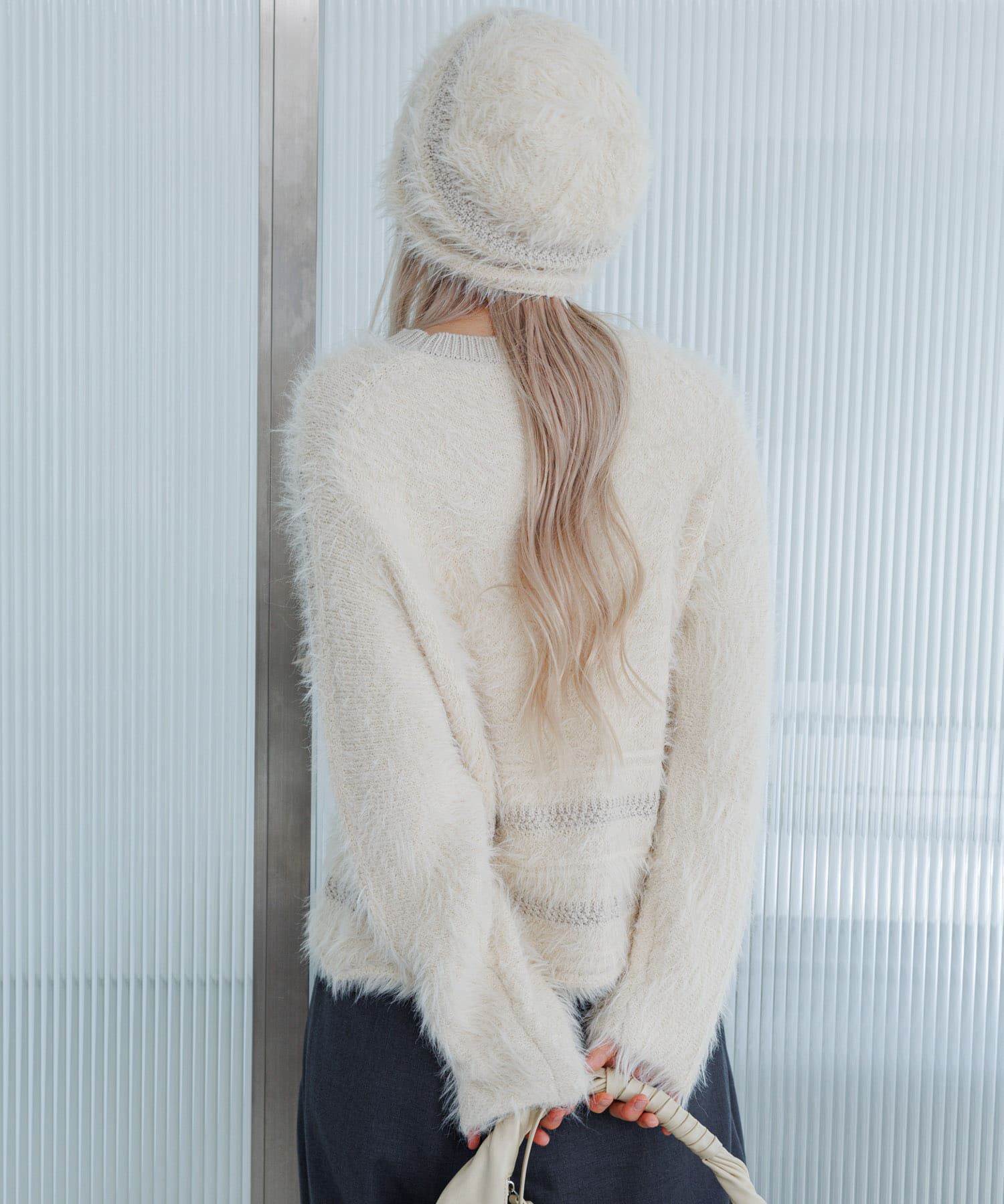  「ラインデザインシャギーニットビーニー」|ニット帽|