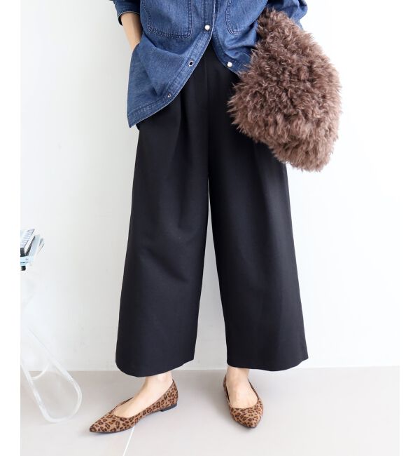 「《手洗い可能》ウールライクフロントタックワイドクロップドパンツ2」|その他|ブラック