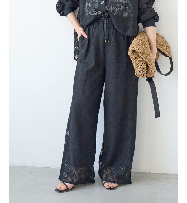  「フラワーメッシュレースワイドパンツ」|その他|ブラック