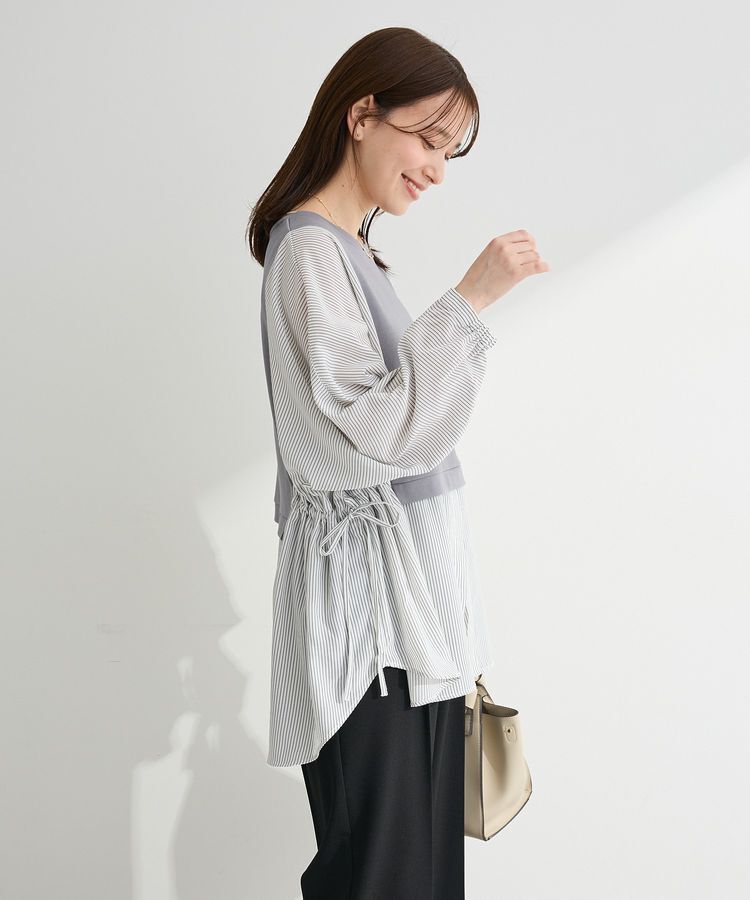 Green Parks「脇リボンドッキングチュニック」|Tシャツ・カットソー|ストライプグレー