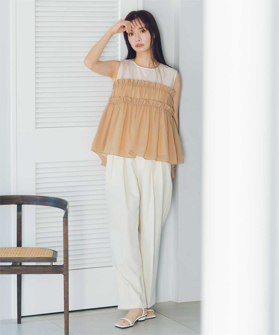 titivate「【赤埴奈津子さんS/Sコラボアイテム】シフォンフリルドッキングトップス」|Tシャツ・カットソー|