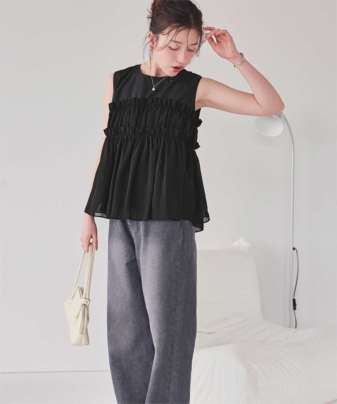 titivate「【赤埴奈津子さんS/Sコラボアイテム】シフォンフリルドッキングトップス」|Tシャツ・カットソー|