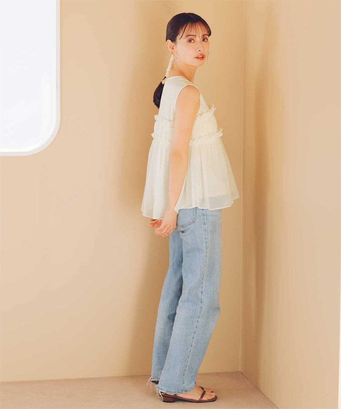 titivate「【赤埴奈津子さんS/Sコラボアイテム】シフォンフリルドッキングトップス」|Tシャツ・カットソー|