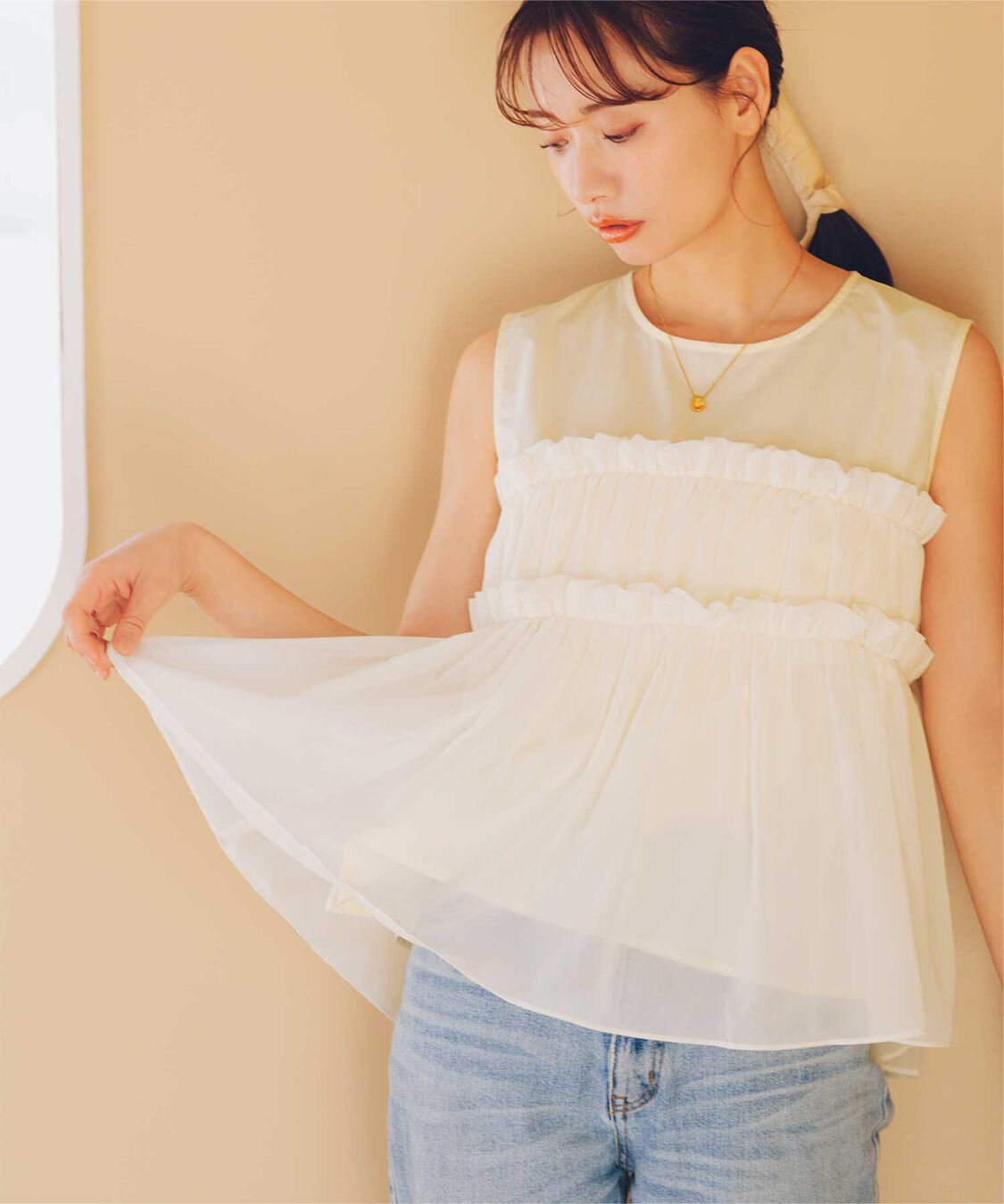 titivate「【赤埴奈津子さんS/Sコラボアイテム】シフォンフリルドッキングトップス」|Tシャツ・カットソー|