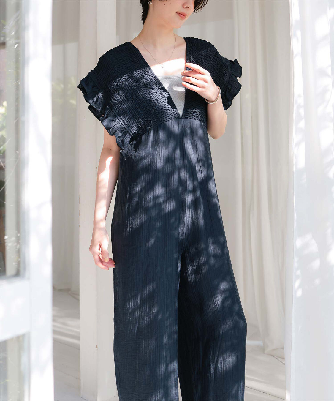 titivate「シャーリングフリルオールインワン」|オールインワン|ネイビー