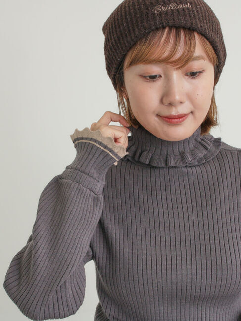 Samansa Mos2「袖口配色スカラップタートルニット」|ニット・セーター|チャコールグレー
