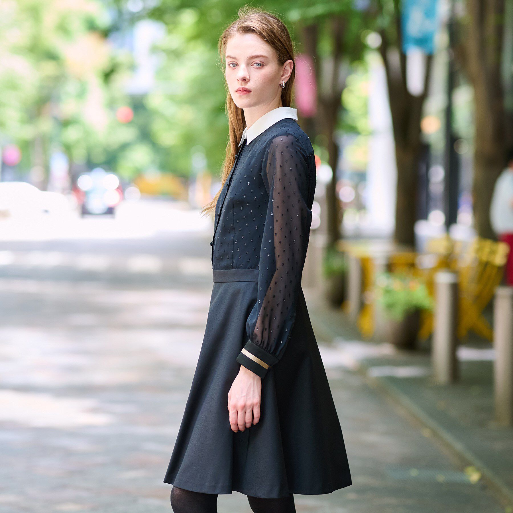 DRESSTERIOR「【洗える/きれいめ】フィルムドットクレリックワンピース」|ワンピース|