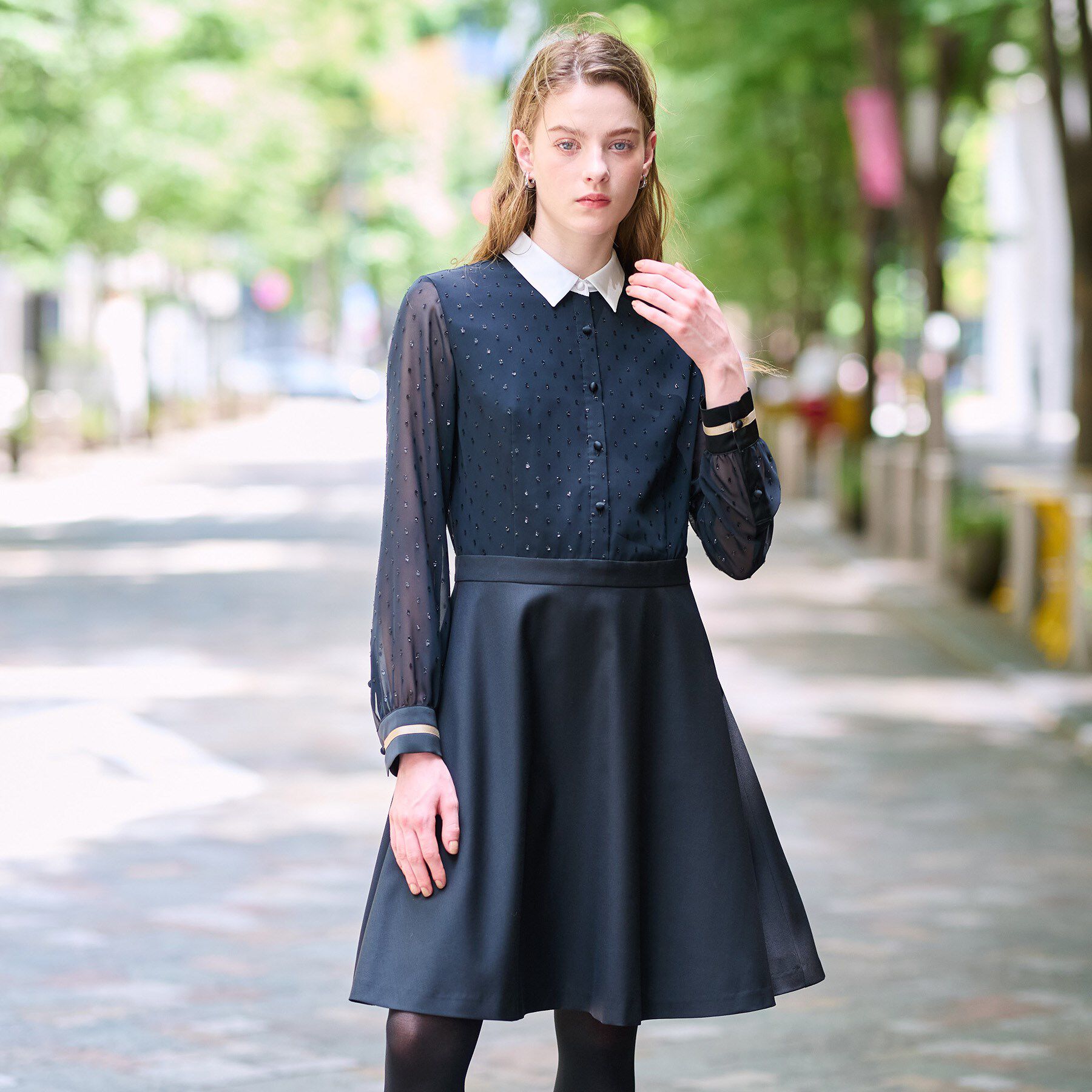 DRESSTERIOR「【洗える/きれいめ】フィルムドットクレリックワンピース」|ワンピース|