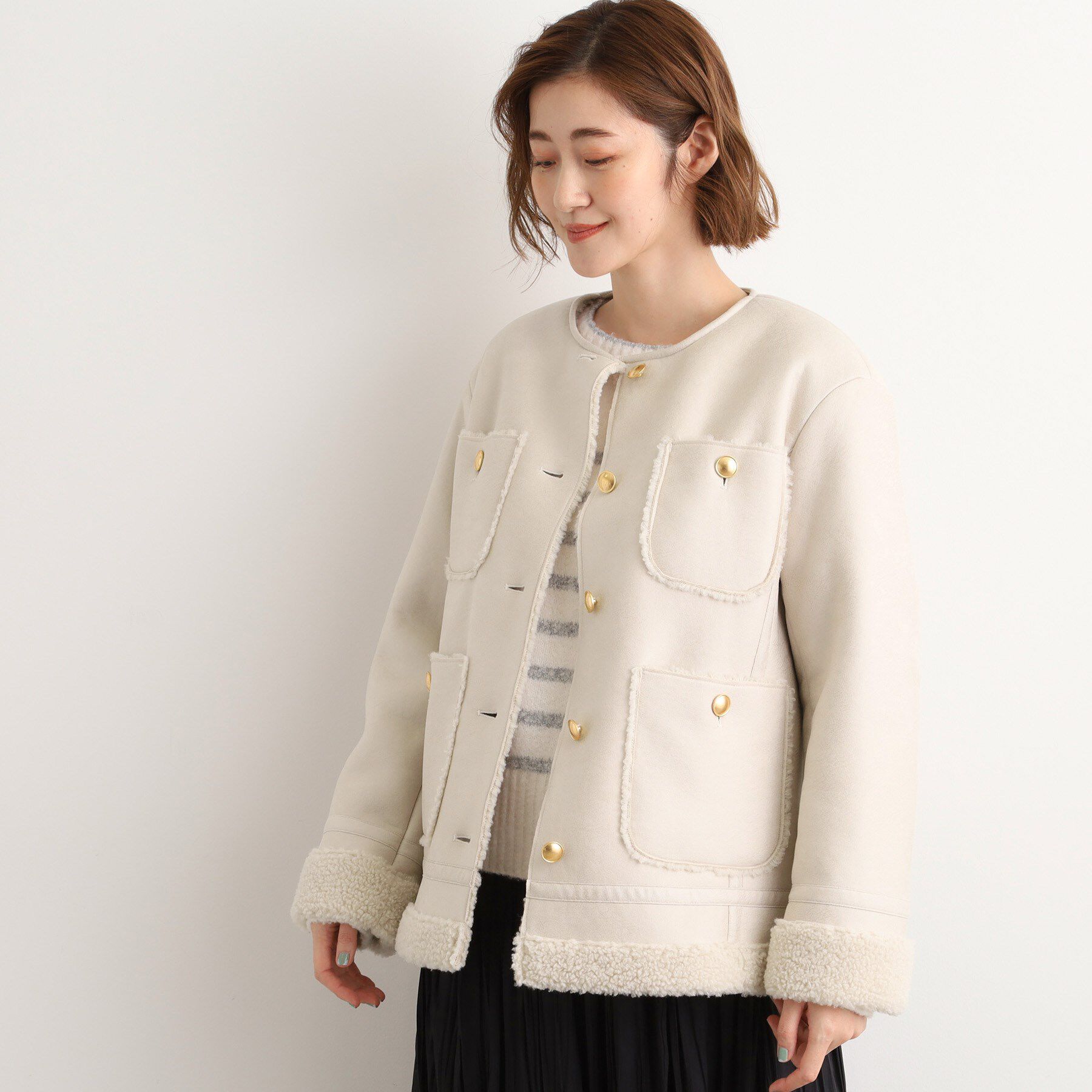 grove「フェイクムートンボアジャケット」|ノーカラーコート|