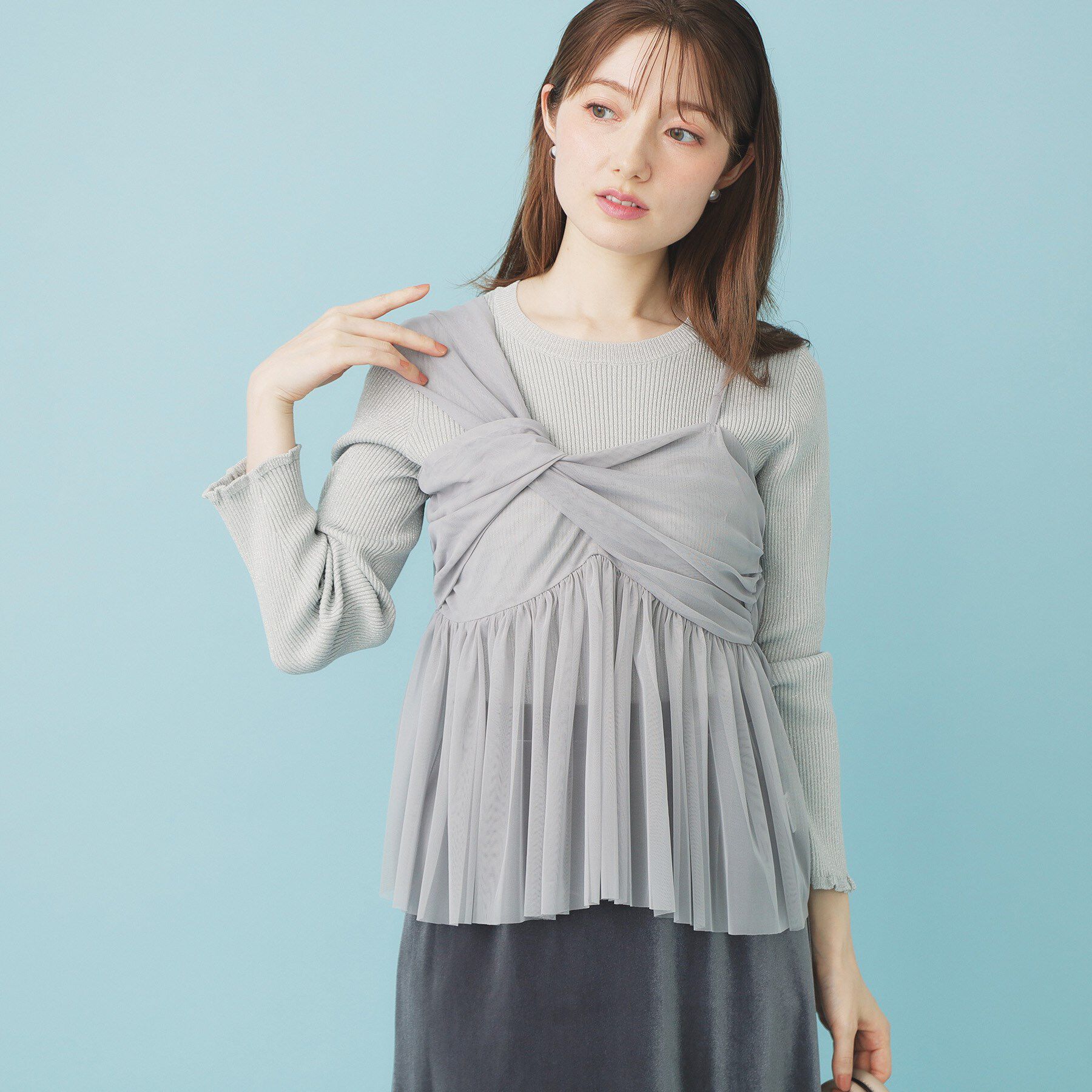 index「《ツインセット》チュールキャミ&times;ラメリブニット【洗濯機OK】」|ニット・セーター|グレー(812)