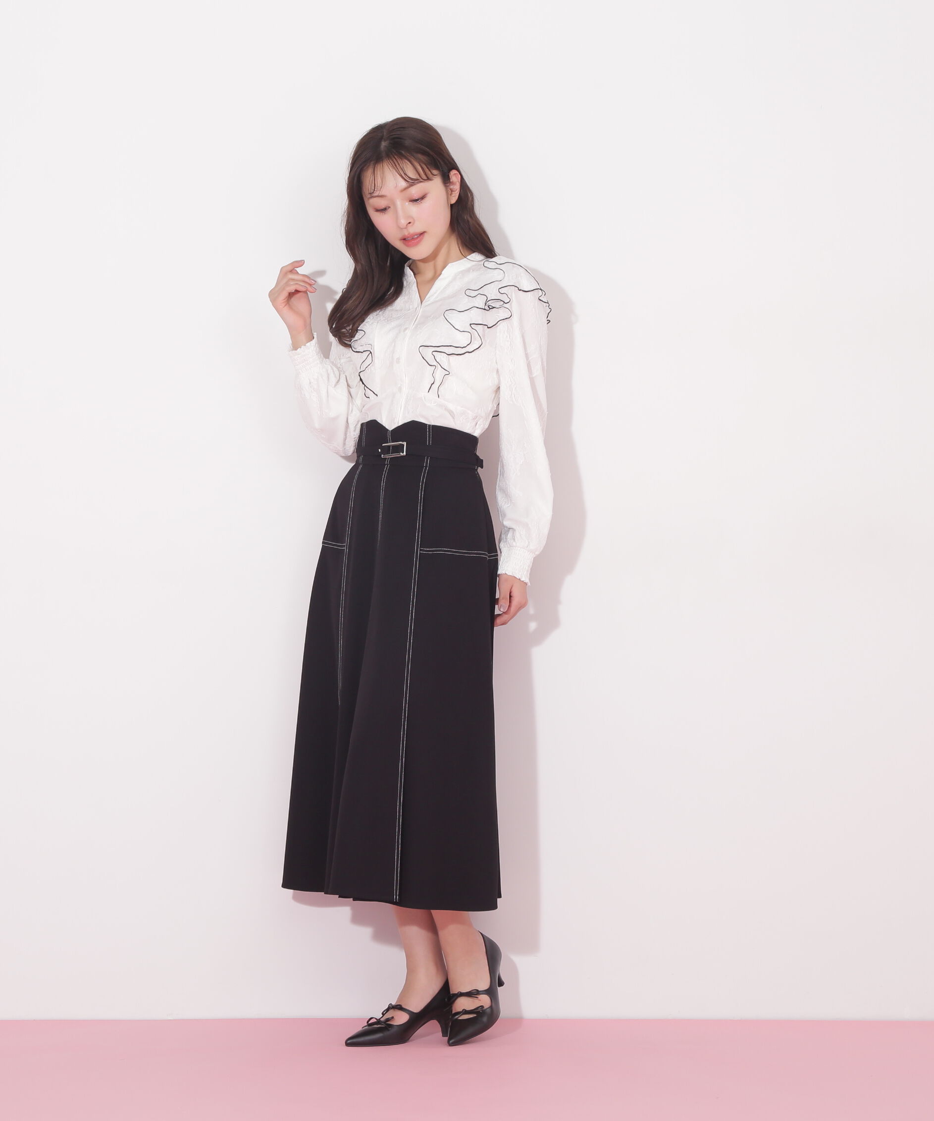  「デニムライクステッチシリーズ2　フレアスカート」|スカート|